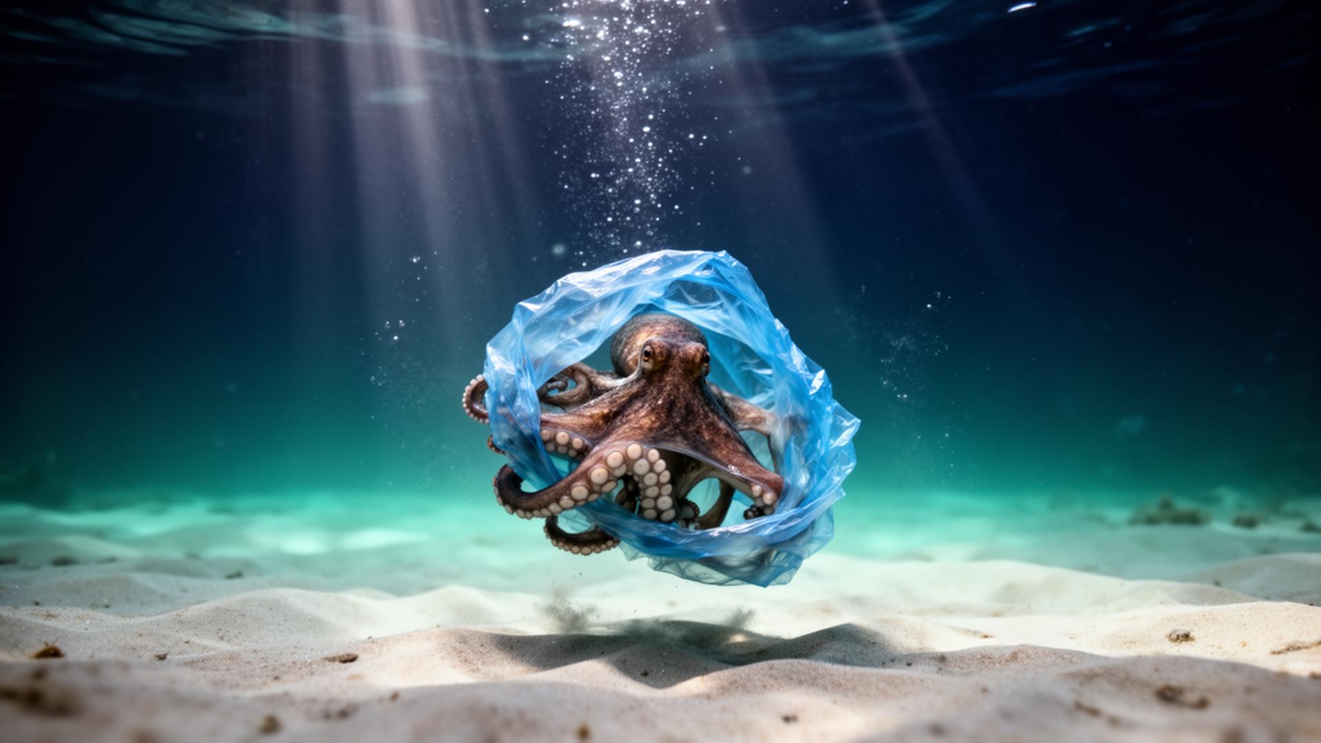 An octopus tangled inside a translucent plastic bag drifting above the sea floor.
