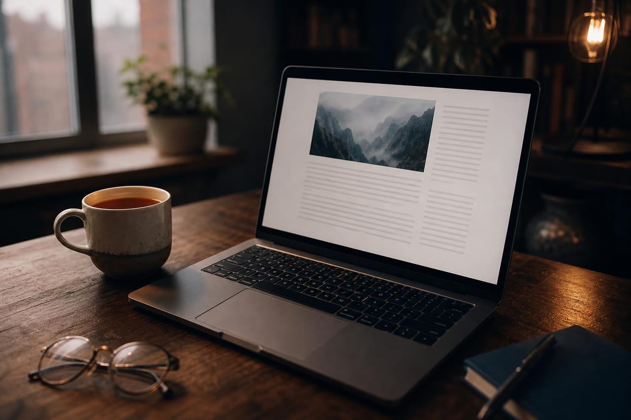 Open laptop with article reading view on a wooden desk