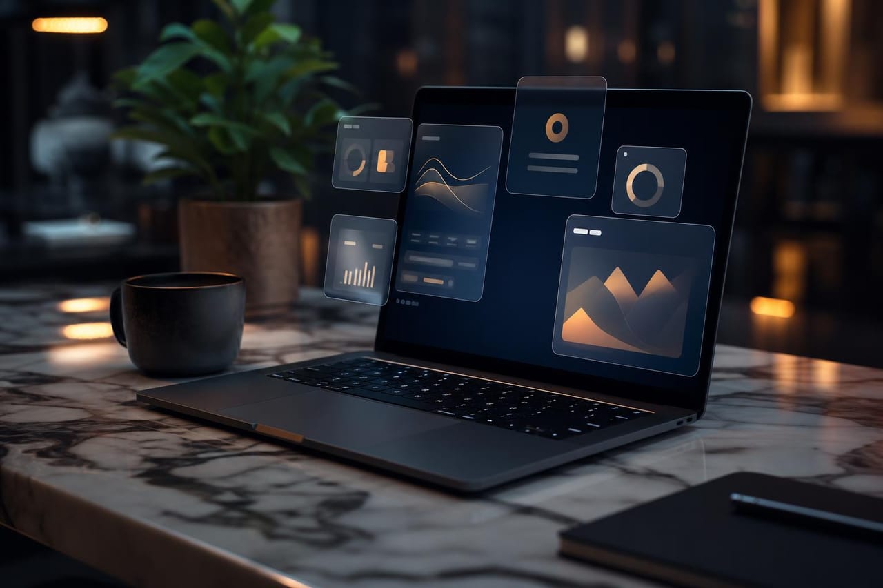 Laptop with floating app integration cards on a marble desk