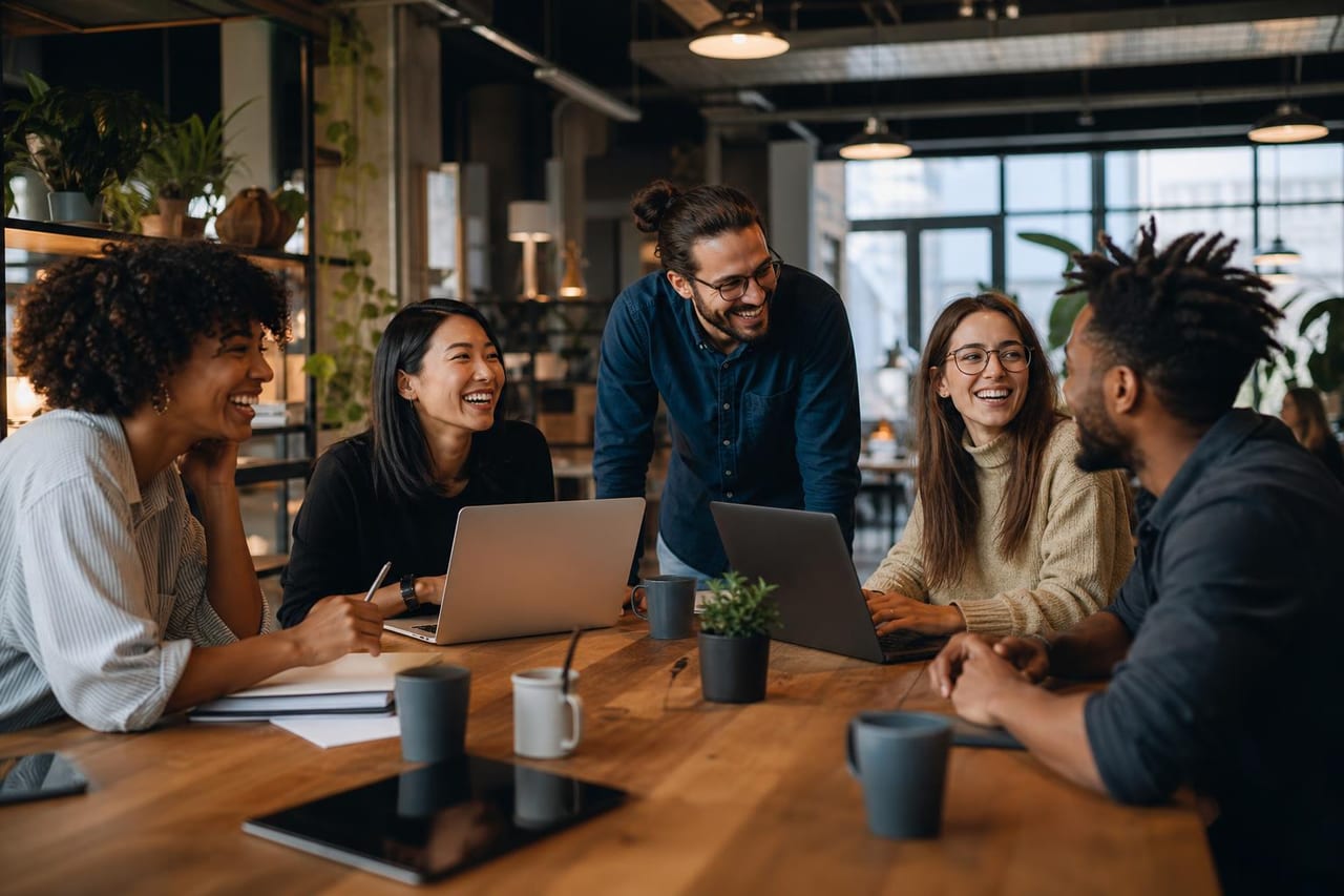 Diverse Octabiz team laughing together in a bright office
