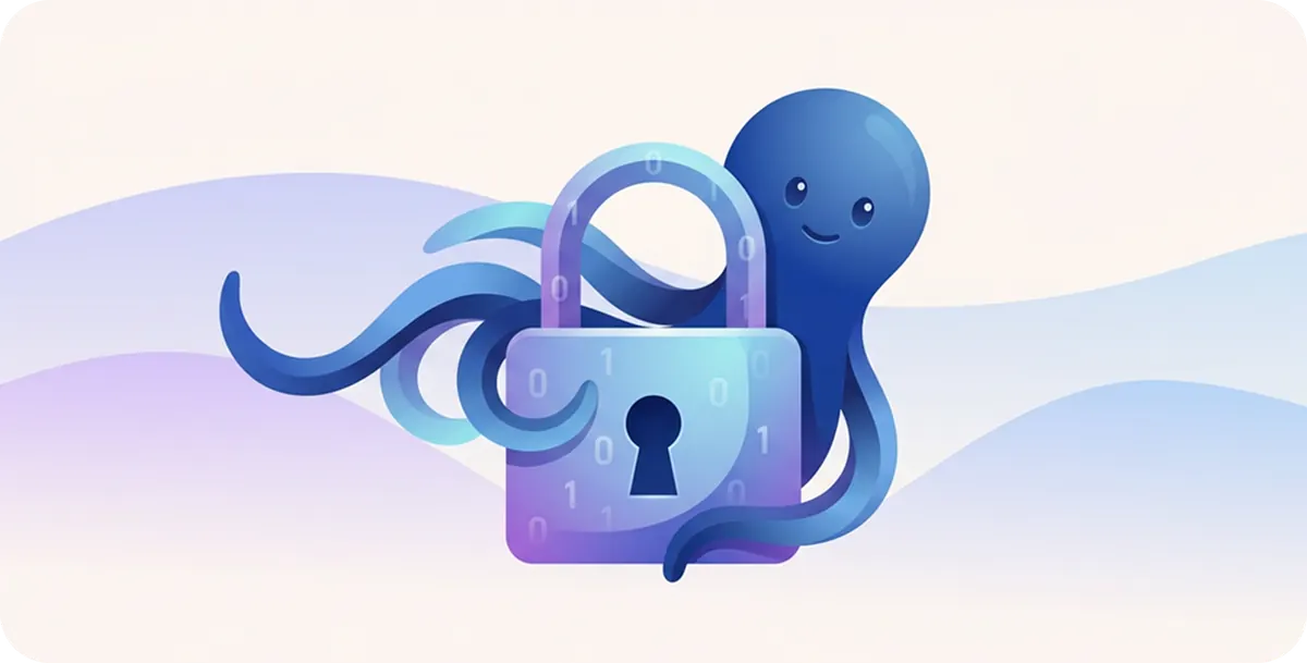 Octabiz mascot holding a padlock