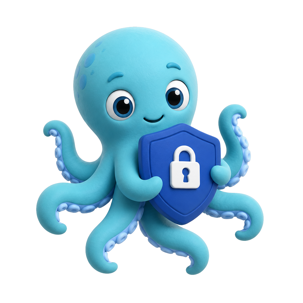 Octabiz octopus mascot holding a shield