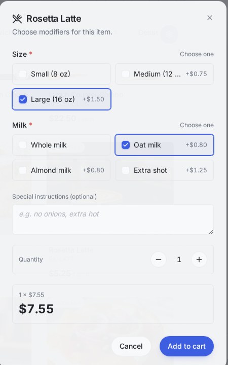 Item options screen showing Large (16 oz) +$1.50 and Oat milk +$0.80 with a running total of $7.55