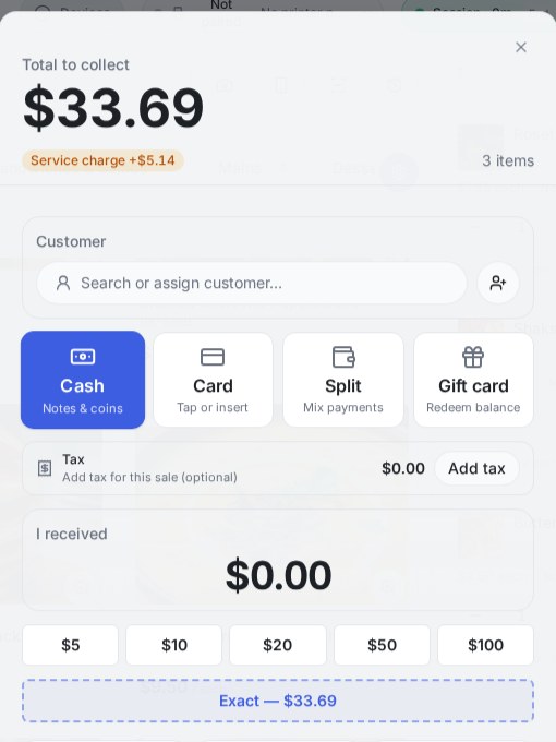 Payment screen showing total to collect $33.69 with a Service charge +$5.14 badge