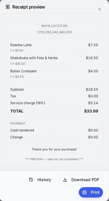 Receipt preview showing subtotal $28.55, tax $0.00, service charge (18%) $5.14 and total $33.69